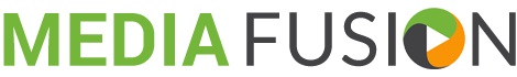 The words media fusion spelled out to create a logo for the company. green, blackish, and orange. The words media fusion spelled out to create a logo for the company. green, blackish, and orange.