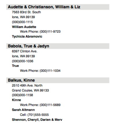 This is what the directory report would look like with names, addresses, and phone numbers This is what the directory report would look like with names, addresses, and phone numbers