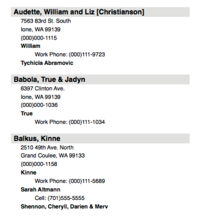 church directory showing three families contact information. church directory showing three families contact information.