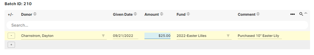 This images shows the fields that the user must use to add in donations for donors and the funds. This images shows the fields that the user must use to add in donations for donors and the funds.