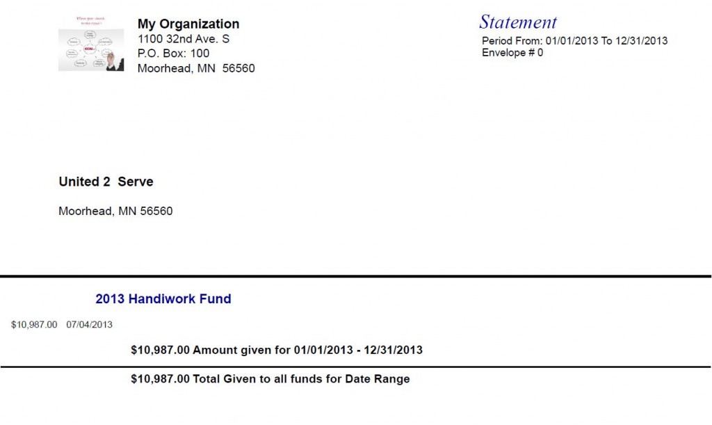 Sample Contribution Statment from IconCMO that shows the donor's address, amount given, and church address. Sample Contribution Statment from IconCMO that shows the donor's address, amount given, and church address.