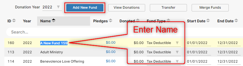 image that shows the button you need to click and then enter in the fund's name for the church's donors. image that shows the button you need to click and then enter in the fund's name for the church's donors.