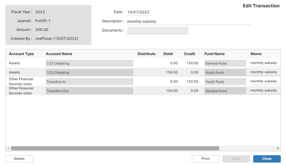 Showing the general ledger entries for a fund transfer. Showing the general ledger entries for a fund transfer.