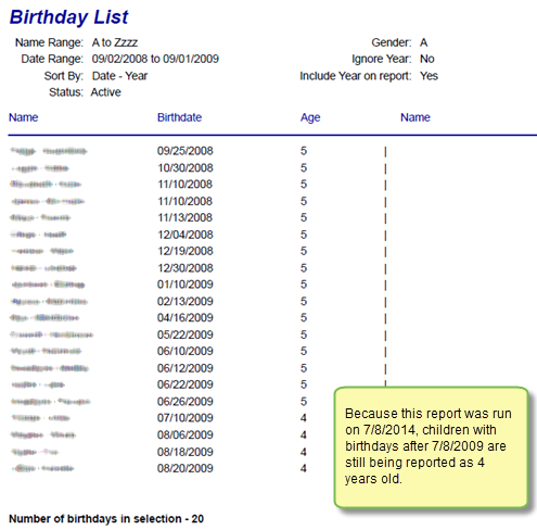 Birthday report PDF output with names-birthdates-ages Birthday report PDF output with names-birthdates-ages