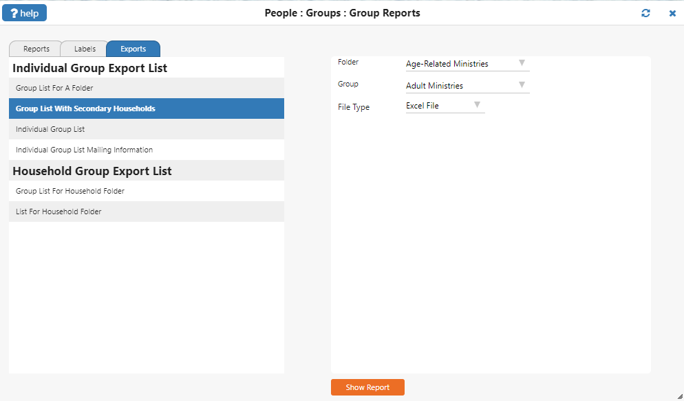 SHows the group report screen for exports in the church software. There are multiple exports to pick from. SHows the group report screen for exports in the church software. There are multiple exports to pick from.