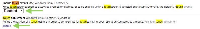 Google Chrome Touchscreen Features settings. This image has two setting depicted Google Chrome Touchscreen Features settings. This image has two setting depicted
