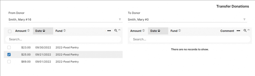 Donation Transfer IconCMO window that shows the two sides for donor numbers Donation Transfer IconCMO window that shows the two sides for donor numbers