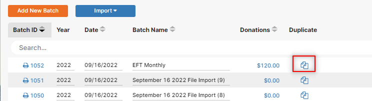 shows icon for duplicating a donation batch shows icon for duplicating a donation batch