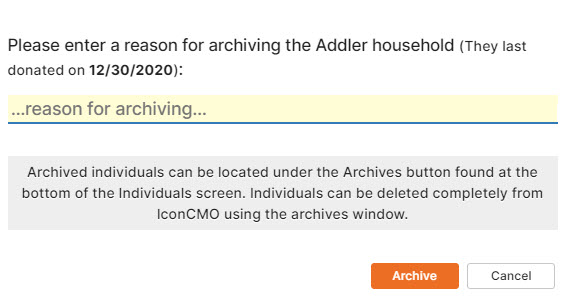 IconCMO church management software archiving household pop up message asking reason for archiving