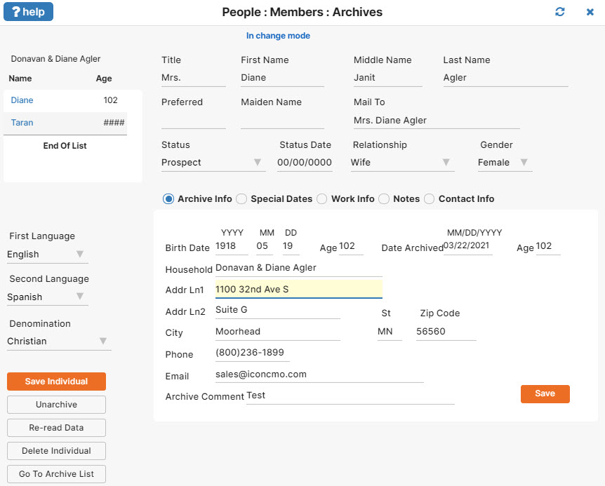 IconCMO church management software Archive record screen