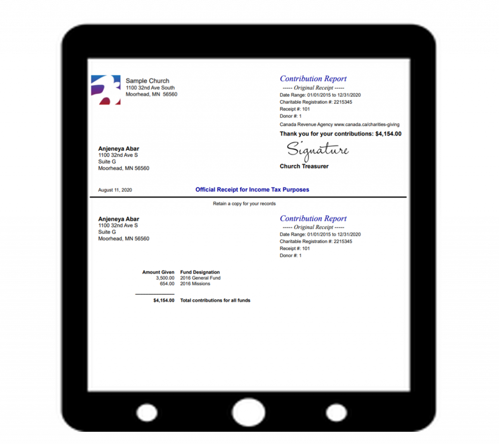 Canadian Revenue Agency (CRA) compliant donation receipt from IconCMO church management software Canadian Revenue Agency (CRA) compliant donation receipt from IconCMO church management software