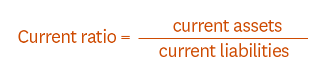 Shows the mathematical equation for current ratio. It is current assets divided by current liabilities. Shows the mathematical equation for current ratio. It is current assets divided by current liabilities.