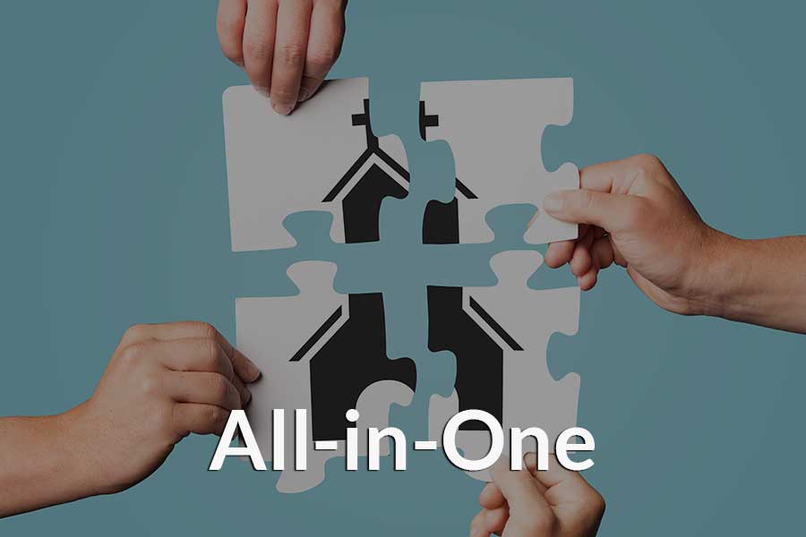 4 puzzle pieces of a church coming together to form a complete All-in-One picture. 4 puzzle pieces of a church coming together to form a complete All-in-One picture.