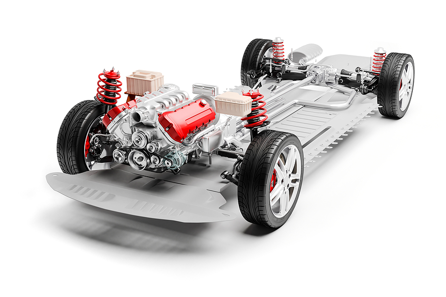 3d car chassis with motor, wheels and suspension, on white background. 3d car chassis with motor, wheels and suspension, on white background.